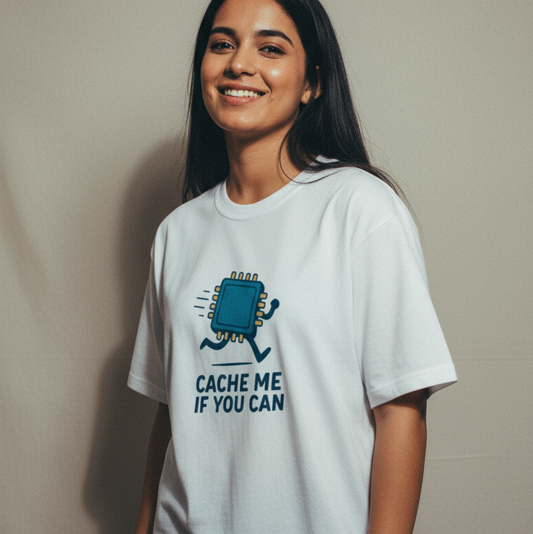 Person wearing a white t-shirt with a graphic design and text against a plain background