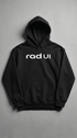 Black hoodie with 'rad ui' text on a gray background