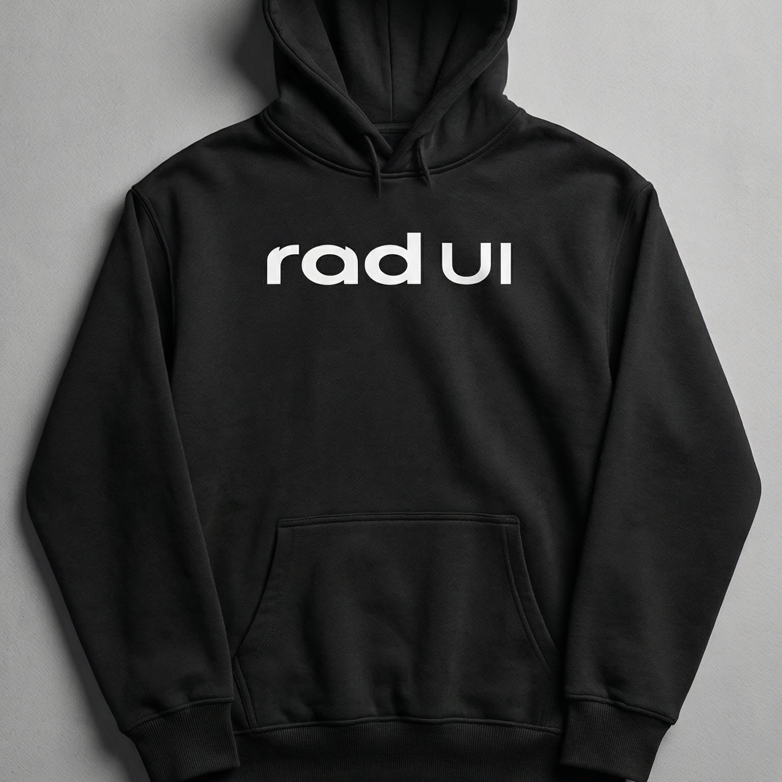 Black hoodie with 'rad ui' text on a gray background