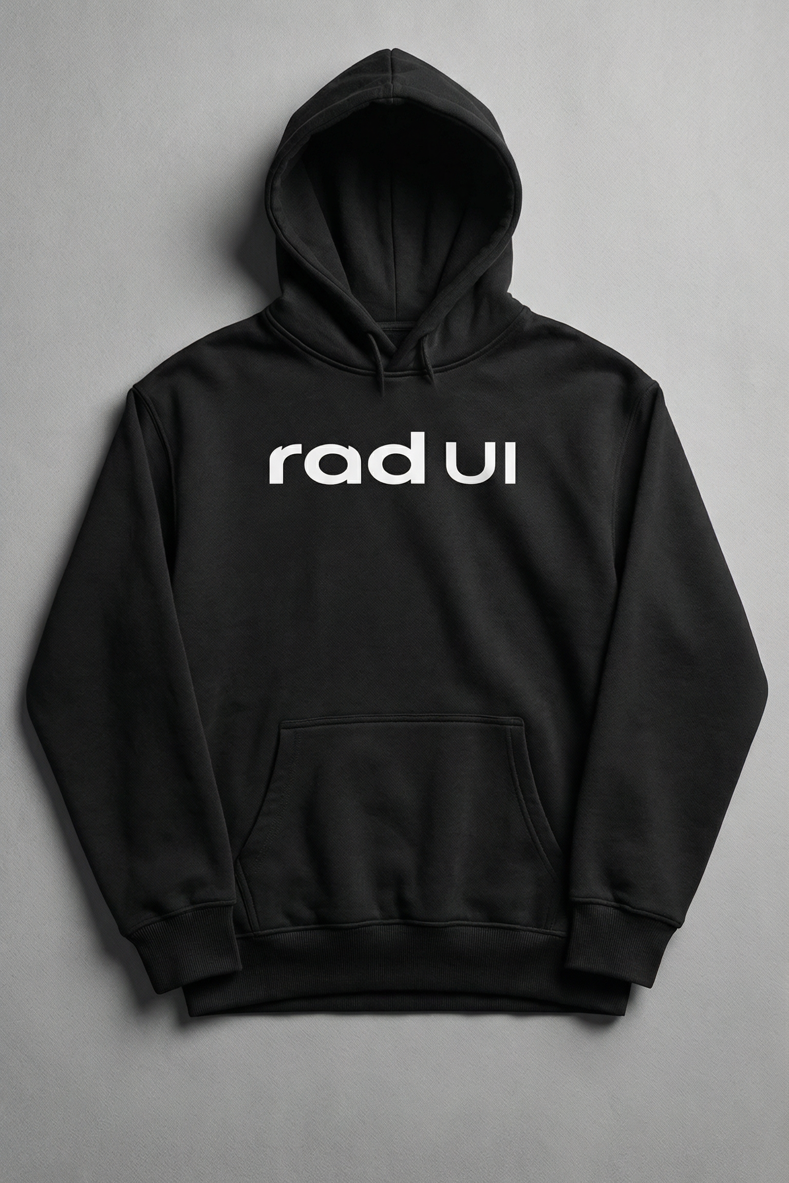 Black hoodie with 'rad ui' text on a gray background