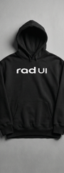 Black hoodie with 'rad ui' text on a gray background