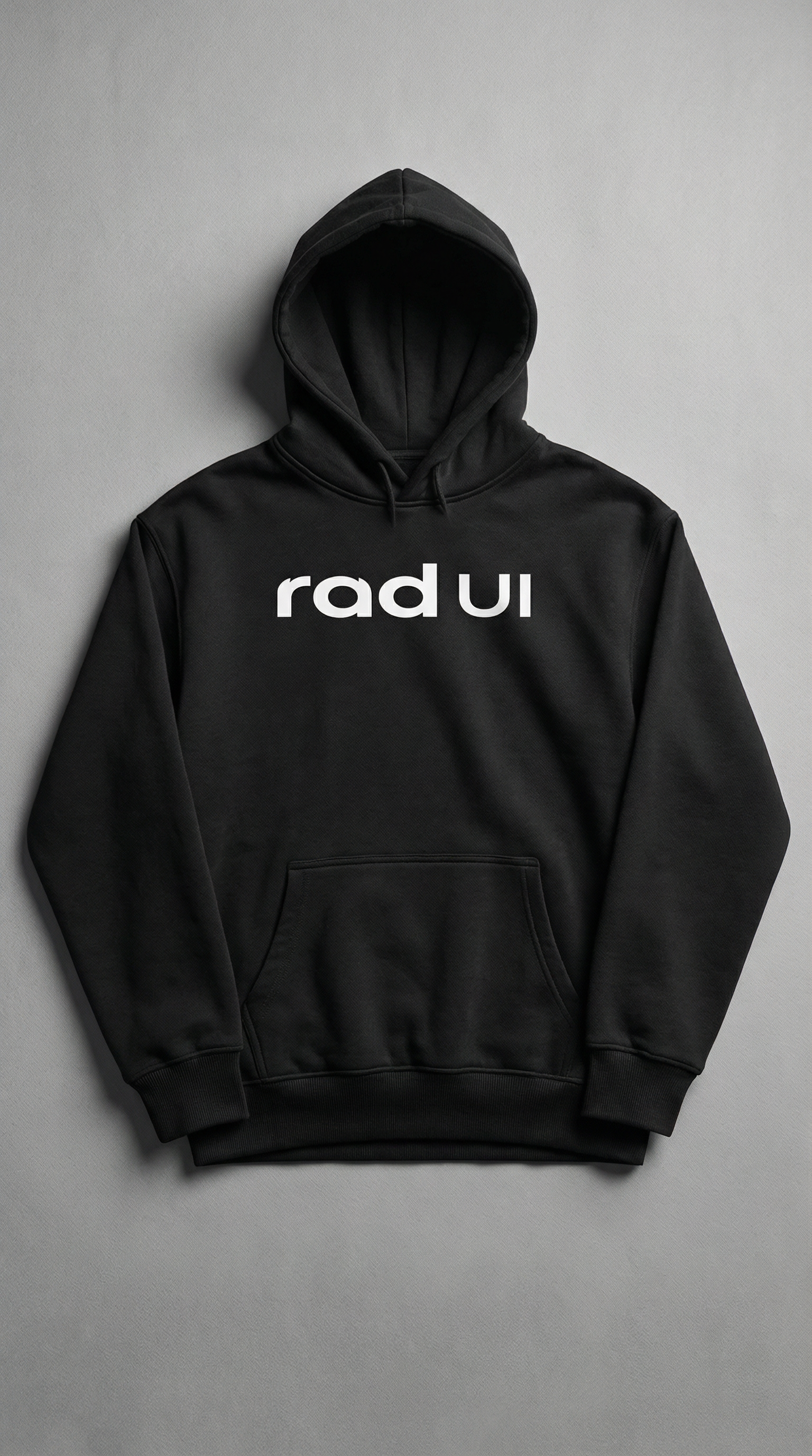 Black hoodie with 'rad ui' text on a gray background