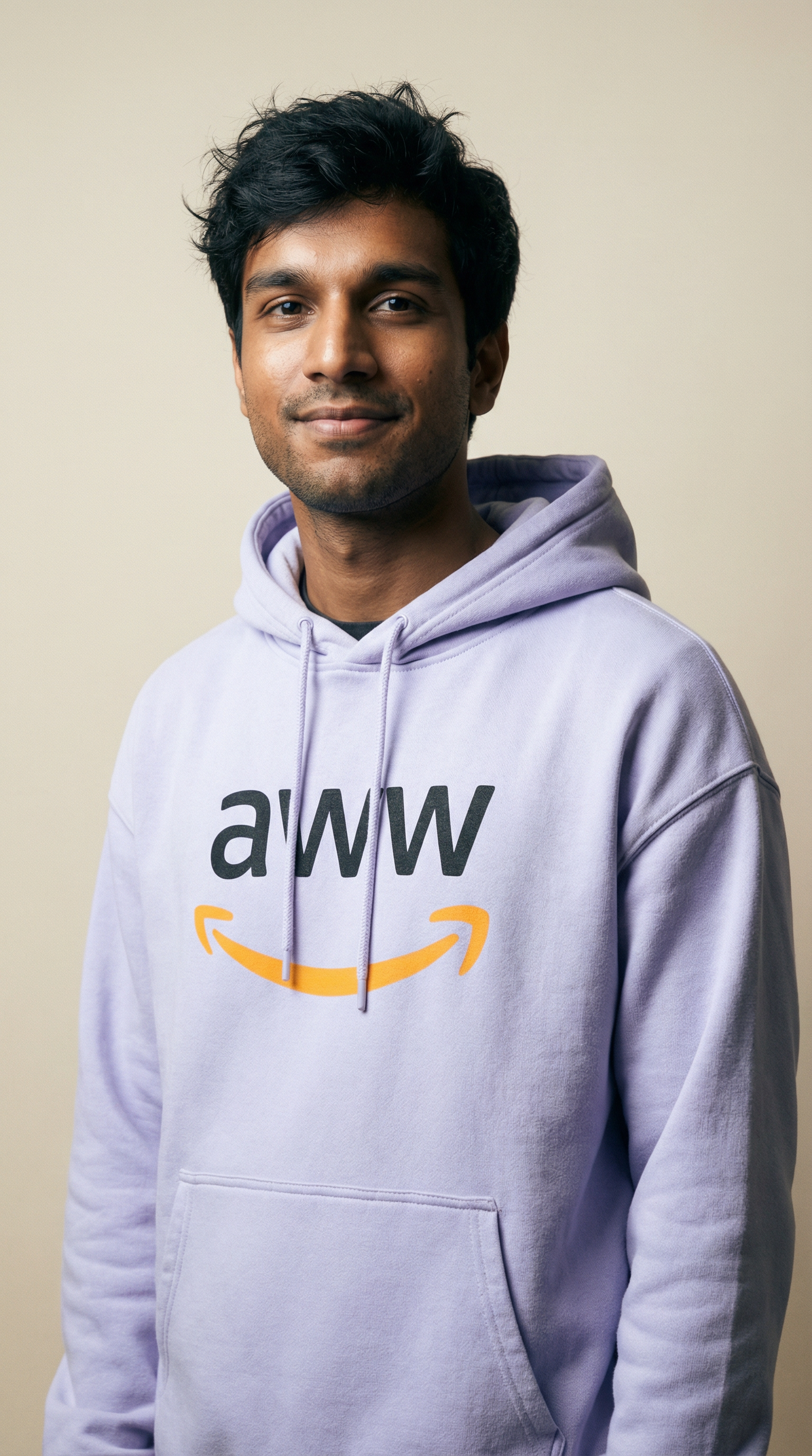 Person wearing a light purple hoodie with a logo on a beige background