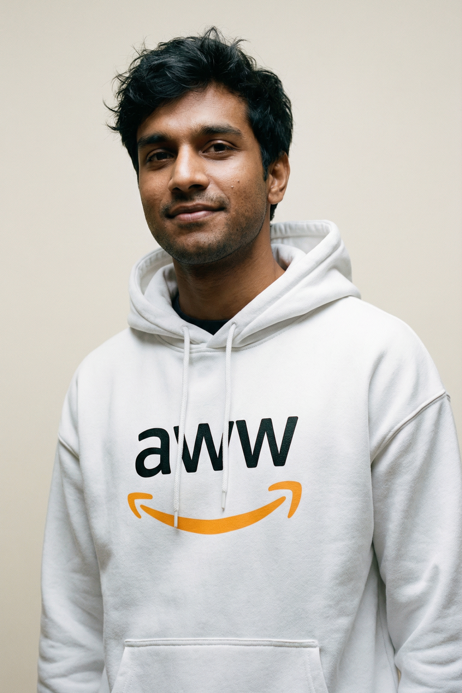Person wearing a white hoodie with 'aWW' logo on a plain background