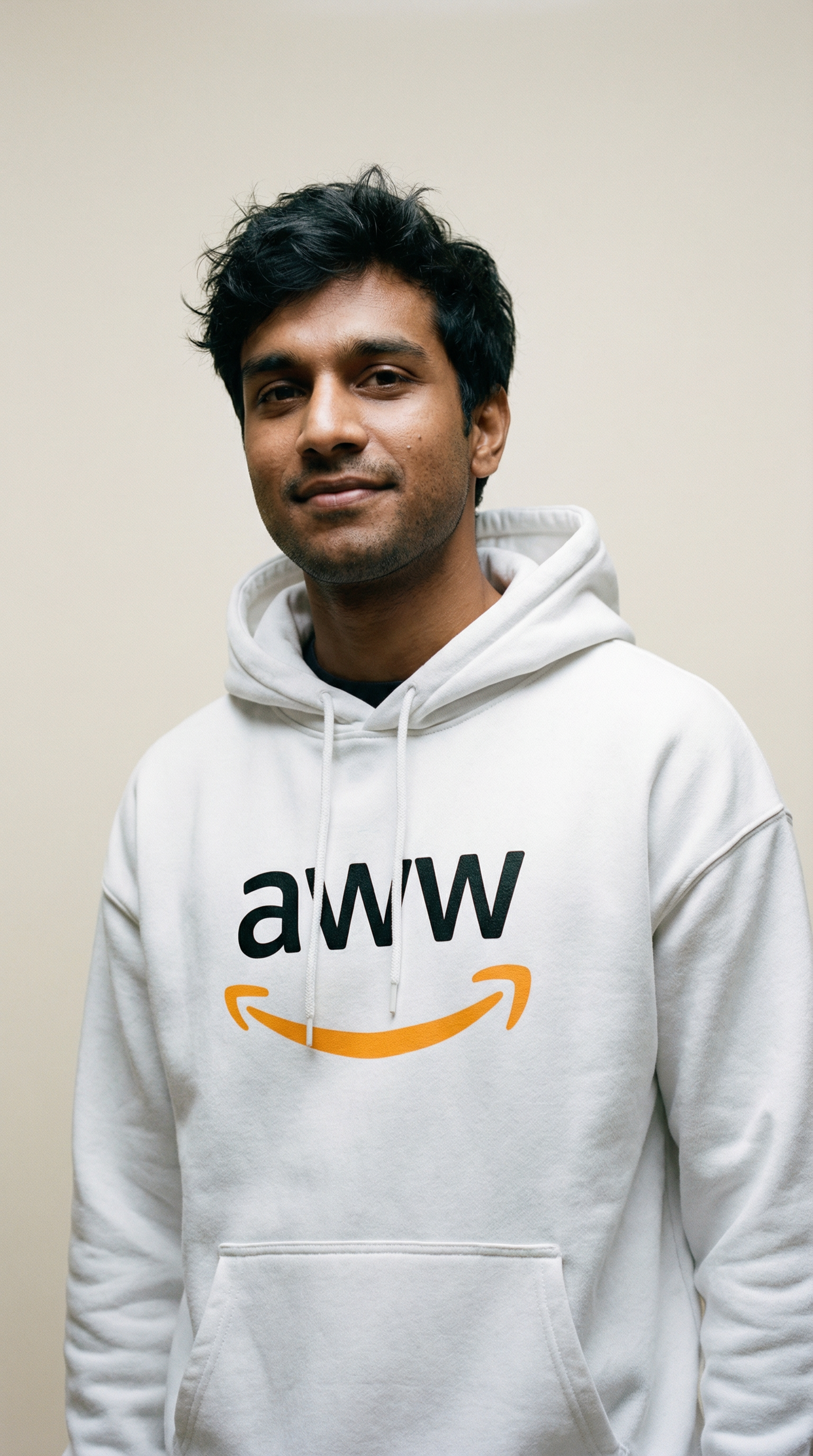 Person wearing a white hoodie with 'aWW' logo on a plain background