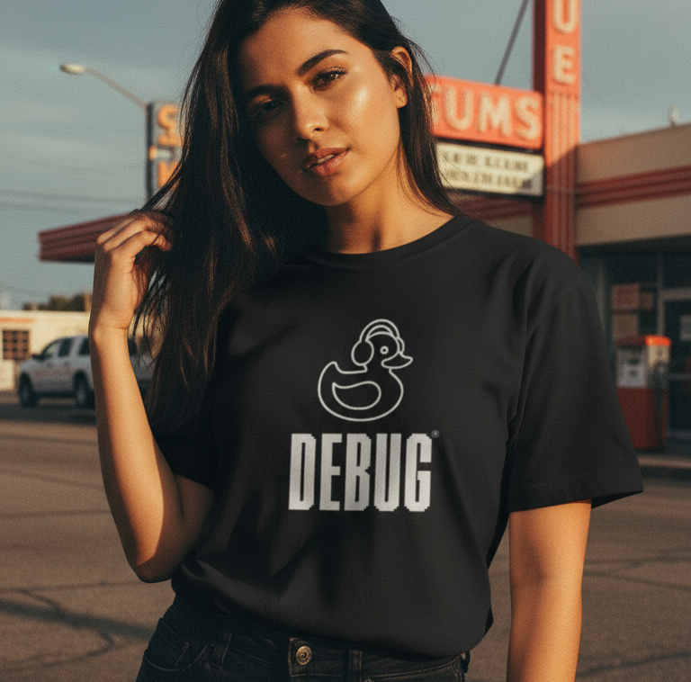 Woman wearing a black t-shirt with 'DEBUG' and a duck graphic in a desert-like setting.