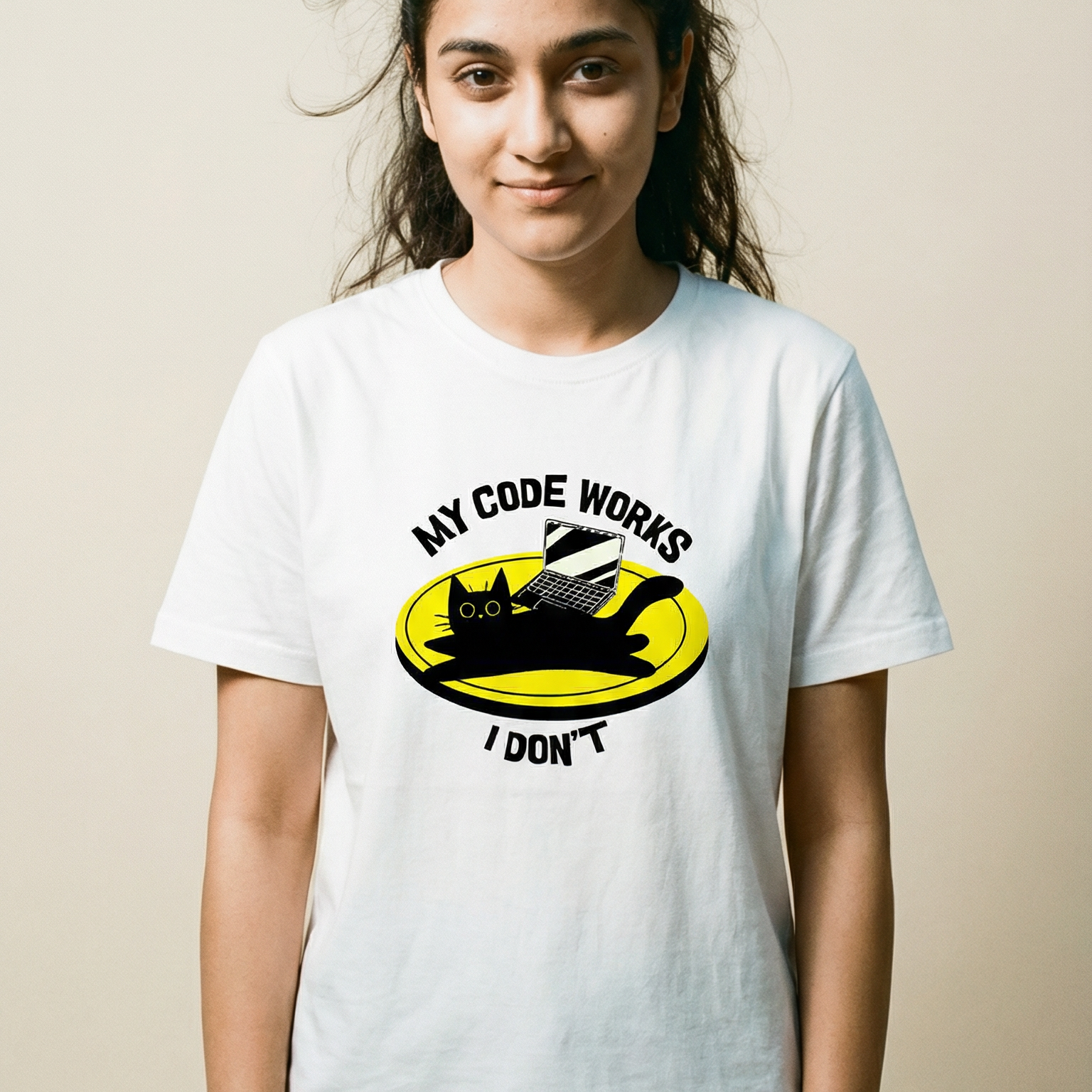 Person wearing a white t-shirt with a graphic design and text.