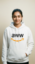 Person wearing a white hoodie with 'aww' logo on a plain background