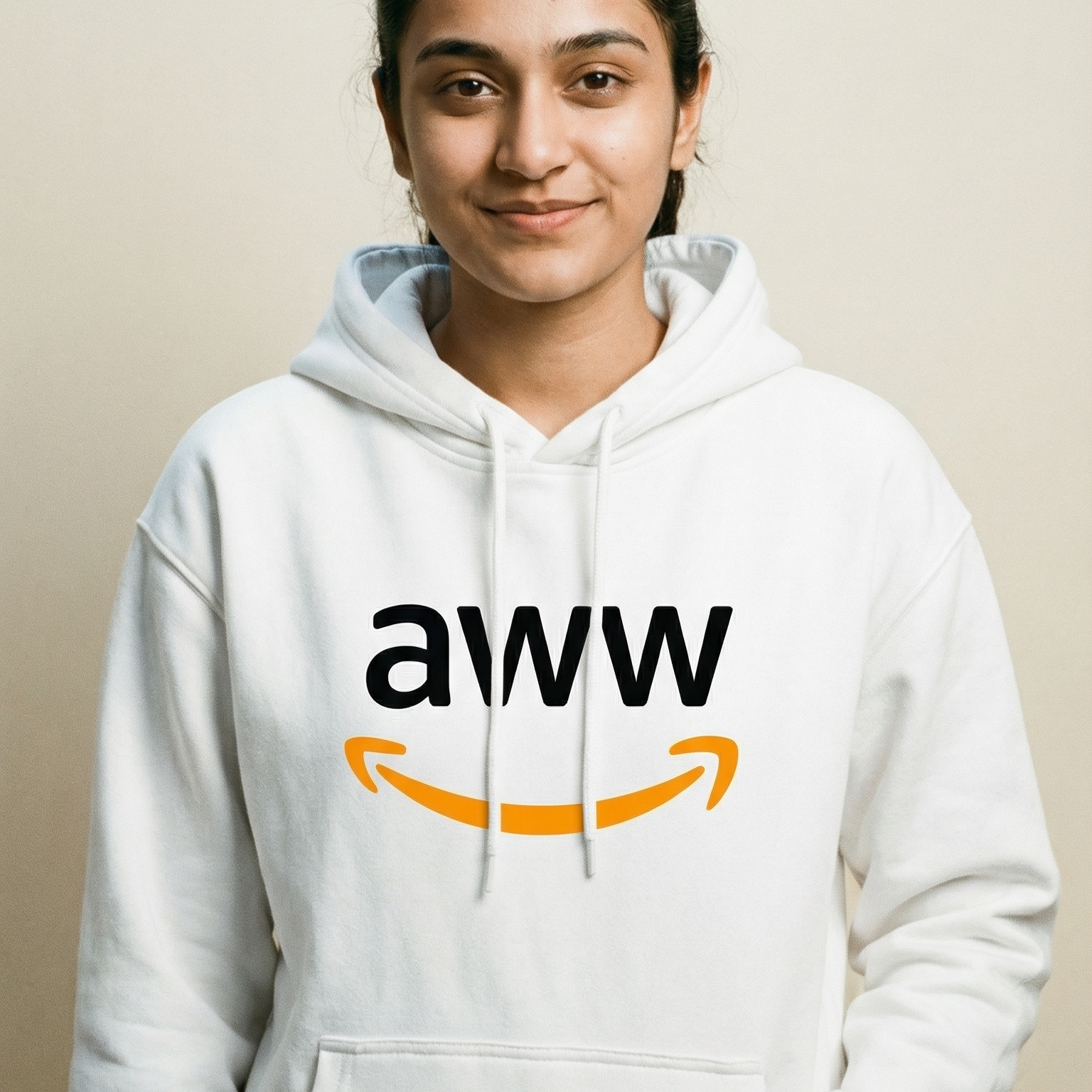 Person wearing a white hoodie with 'aww' logo on a plain background