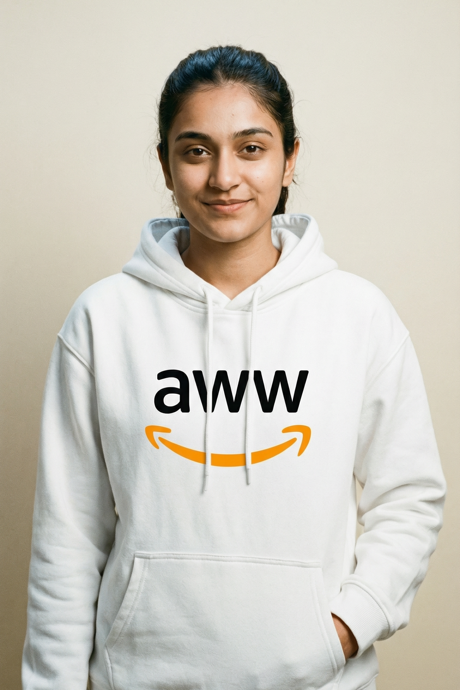 Person wearing a white hoodie with 'aww' logo on a plain background